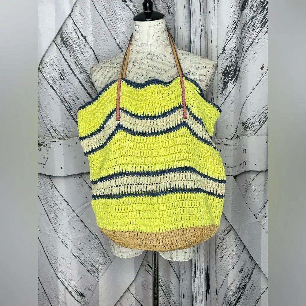 Loft Paper Straw Striped Tote Bag Beachy Boho Vacation